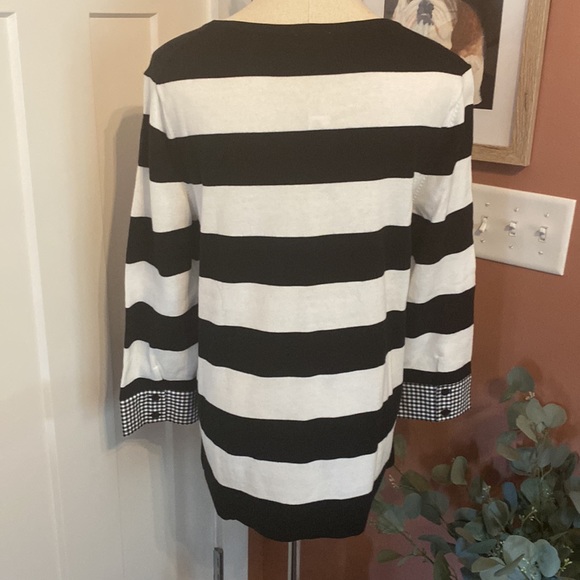 Talbots | black & white | wide stripes | M | gingham cuff detail | sweater - Picture 7 of 11